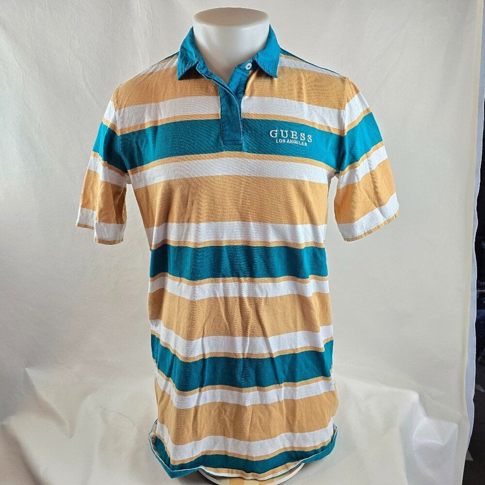 Guess Shirt Mens M Multi Stripe Polo Teal Tan White Short Sleeve Casual Retro